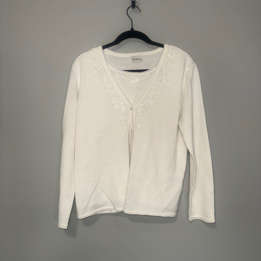 Koret Womens White Sequin Floral Embroidered Twin Set Cardigan Shell Size L